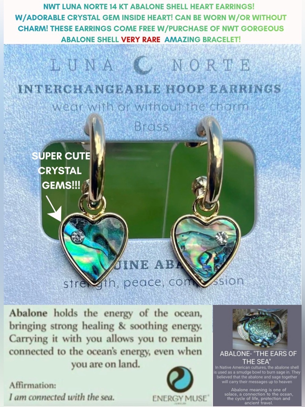 NWT LUNA NORTE REAL ABALONE SHELL 14KT HEART EARRINGS! GORGEOUS! FREE…